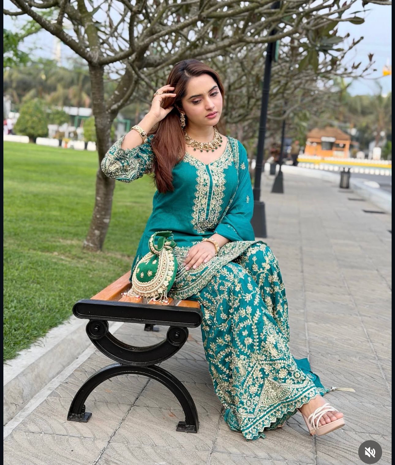 Teal Pure Chinon Silk Embroidery Sequin 3-Piece Palazzo Suit
