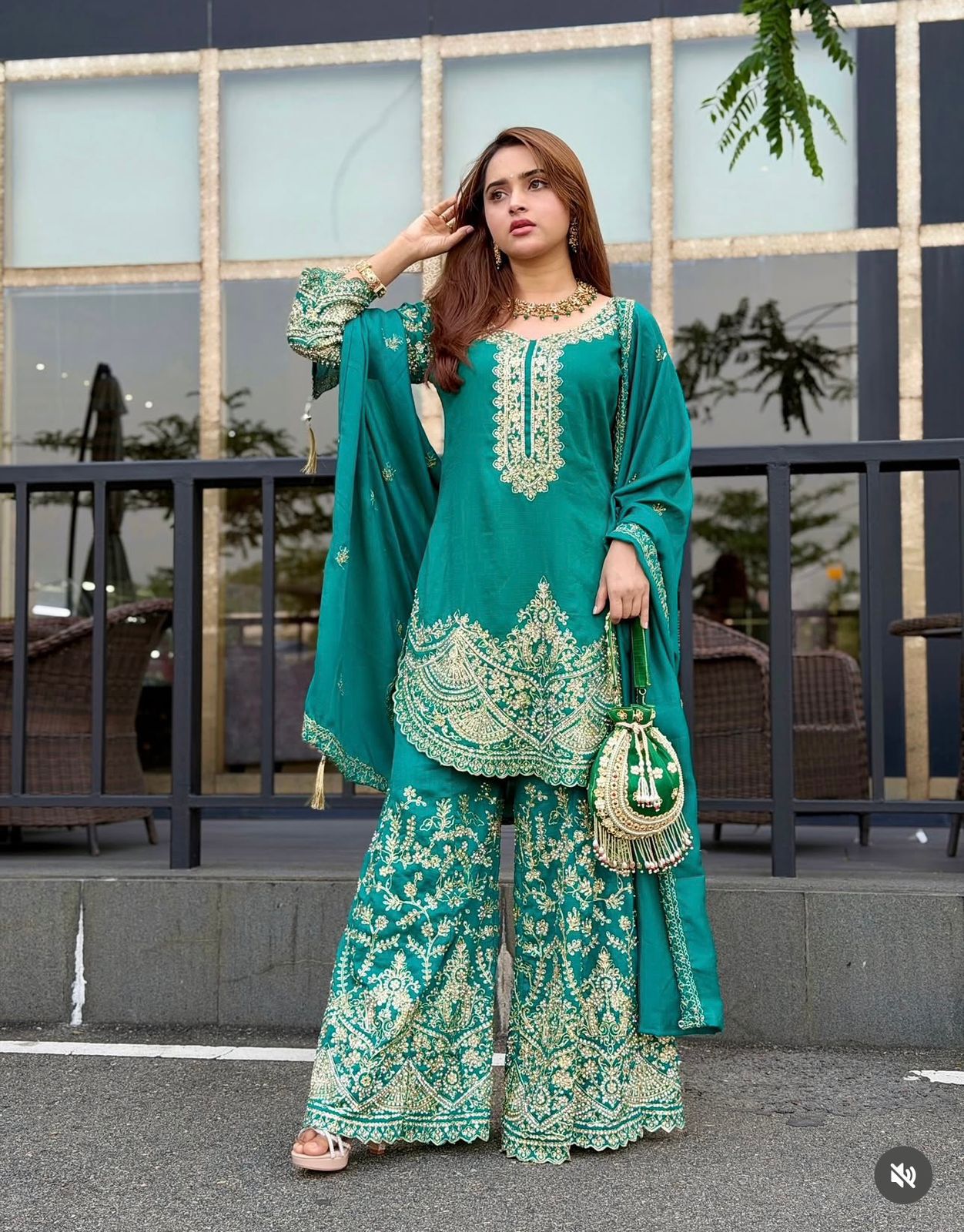 Teal Pure Chinon Silk Embroidery Sequin 3-Piece Palazzo Suit