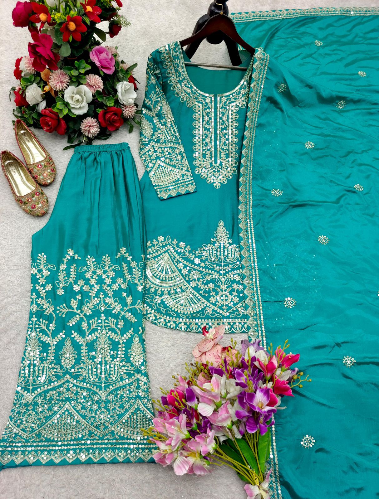 Teal Pure Chinon Silk Embroidery Sequin 3-Piece Palazzo Suit