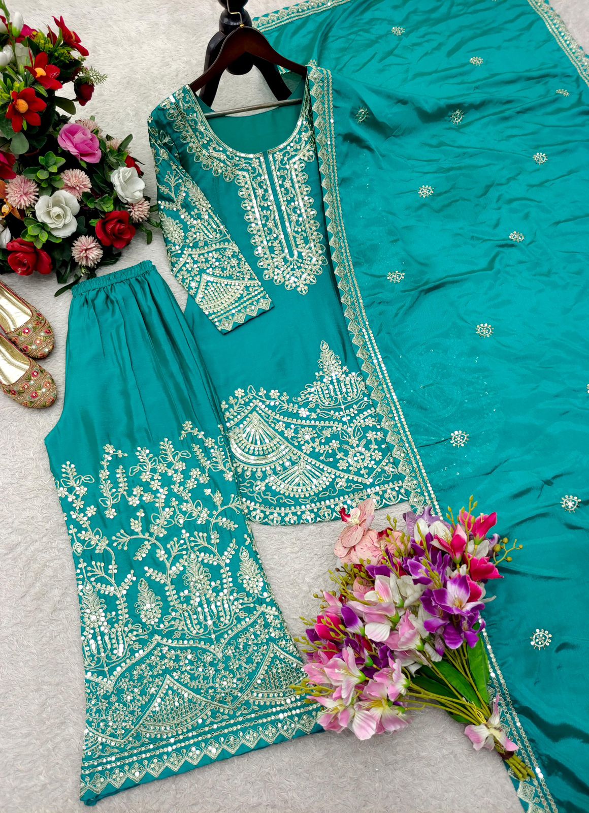 Teal Pure Chinon Silk Embroidery Sequin 3-Piece Palazzo Suit