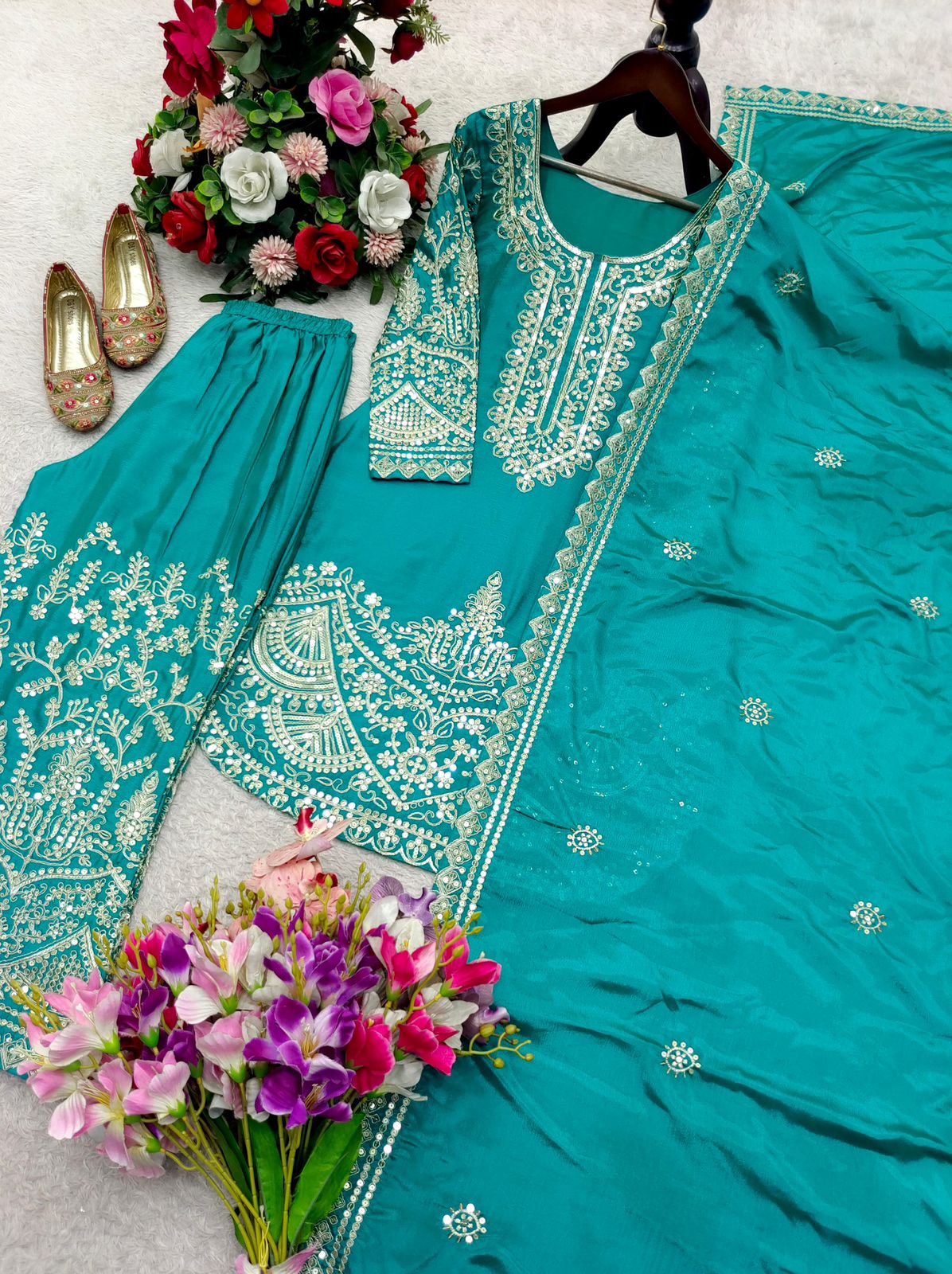 Teal Pure Chinon Silk Embroidery Sequin 3-Piece Palazzo Suit