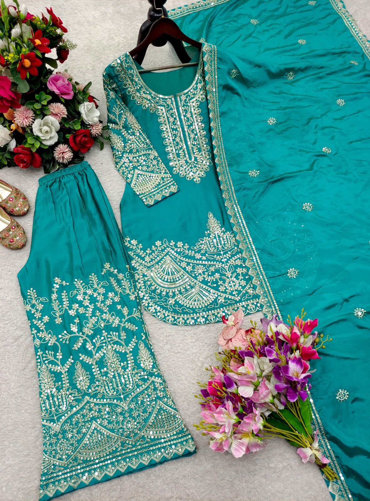 Teal Pure Chinon Silk Embroidery Sequin 3-Piece Palazzo Suit