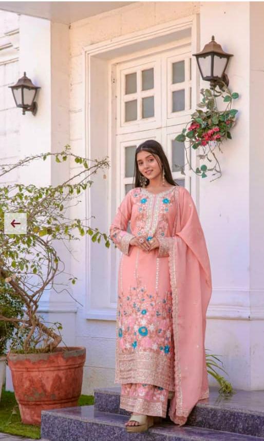 Designer Party Wear Pure Chinon Silk Top Palazzo & Dupatta Set