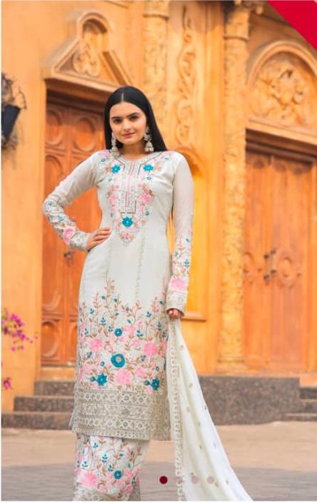 Designer Party Wear Pure Chinon Silk Top Palazzo & Dupatta Set