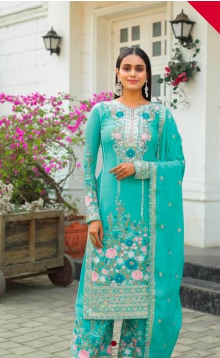 Designer Party Wear Pure Chinon Silk Top Palazzo & Dupatta Set
