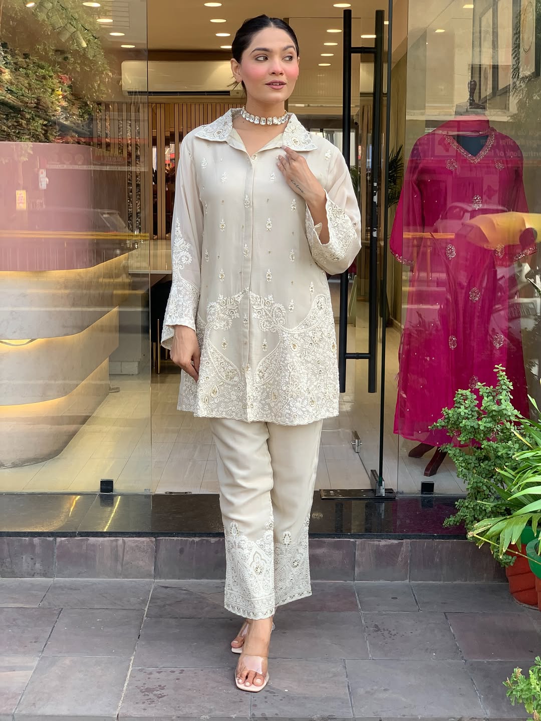 Ivory Premium Chanderi Silk Embroidery Coord Set