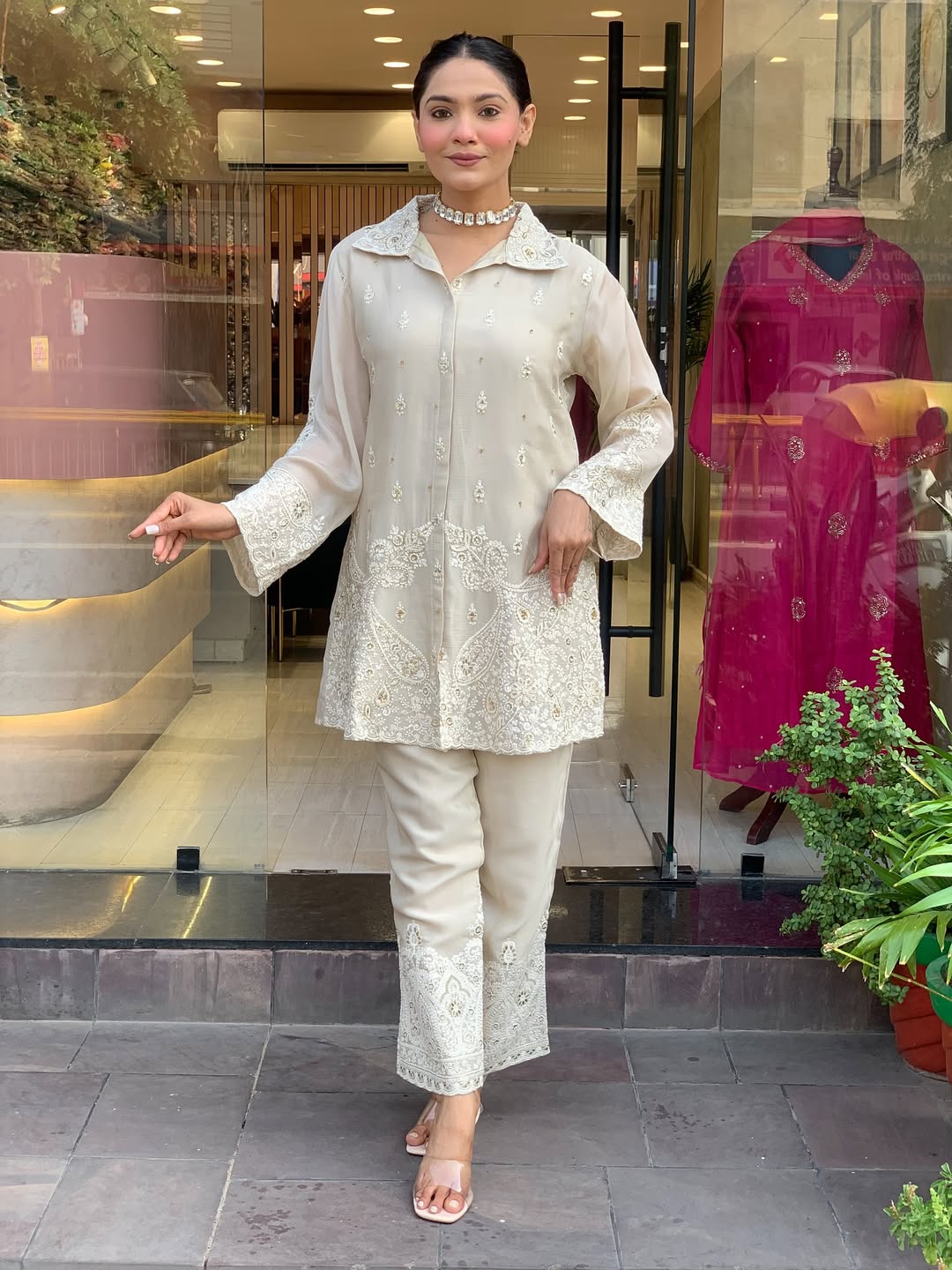 Ivory Premium Chanderi Silk Embroidery Coord Set