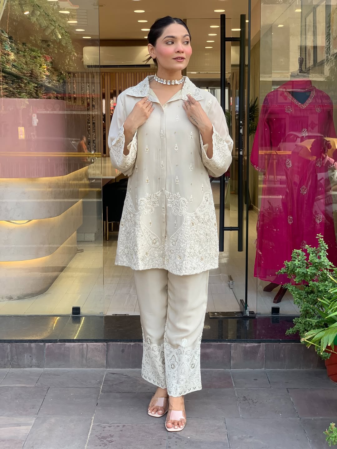Ivory Premium Chanderi Silk Embroidery Coord Set