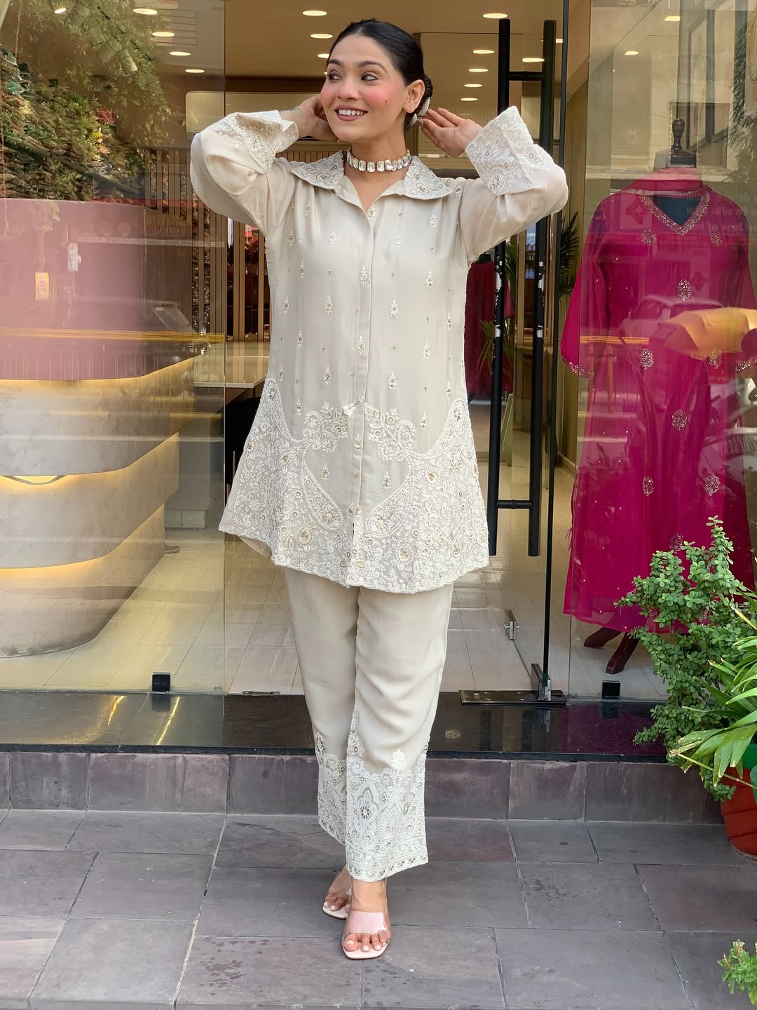 Ivory Premium Chanderi Silk Embroidery Coord Set