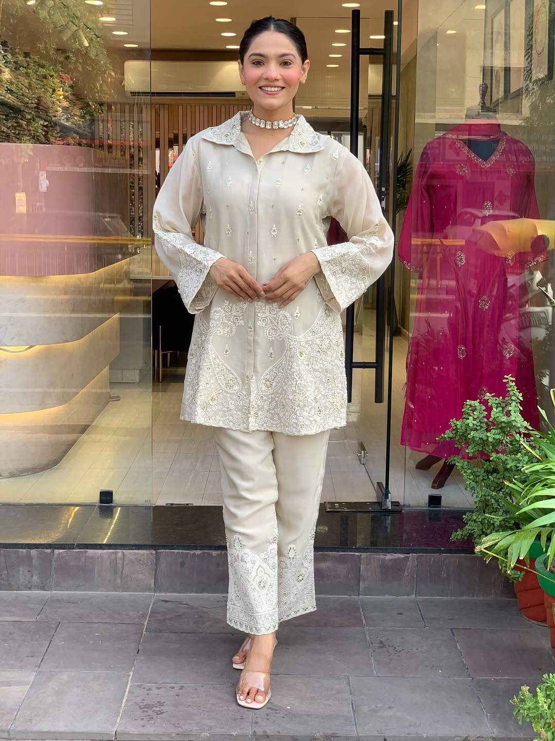 Ivory Premium Chanderi Silk Embroidery Coord Set