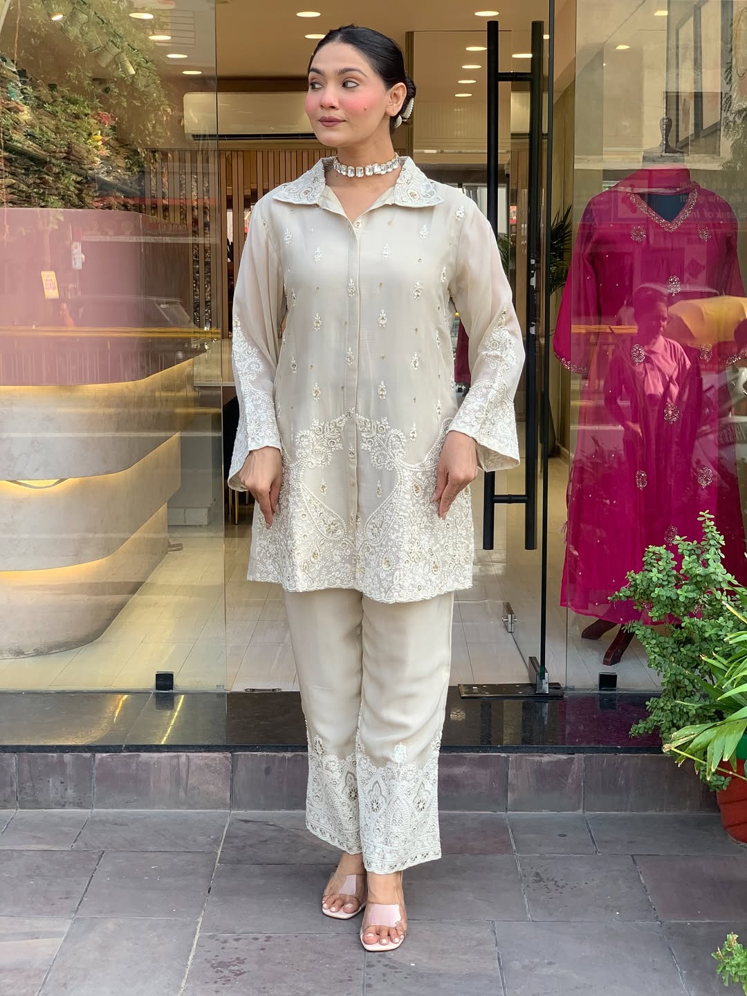 Ivory Premium Chanderi Silk Embroidery Coord Set