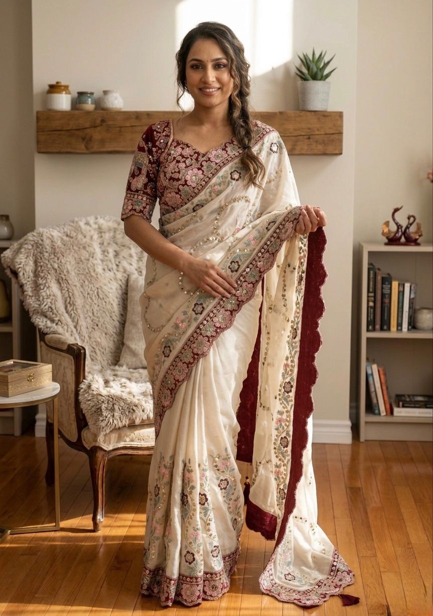 Cream Soft Rangoli Silk Sequin Dori Embroidery Real Mirror Saree with Banglori Silk Blouse