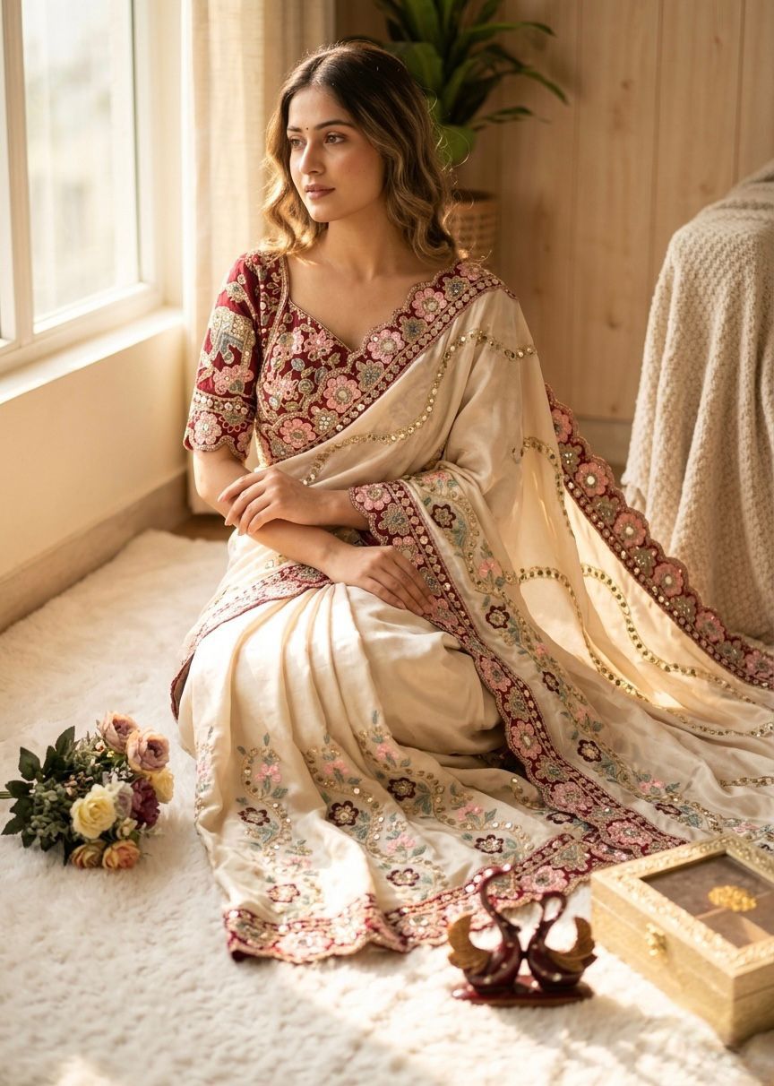 Cream Soft Rangoli Silk Sequin Dori Embroidery Real Mirror Saree with Banglori Silk Blouse