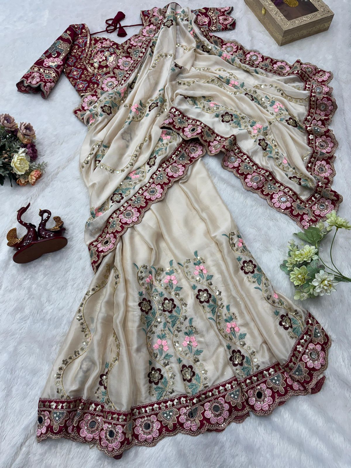 Cream Soft Rangoli Silk Sequin Dori Embroidery Real Mirror Saree with Banglori Silk Blouse