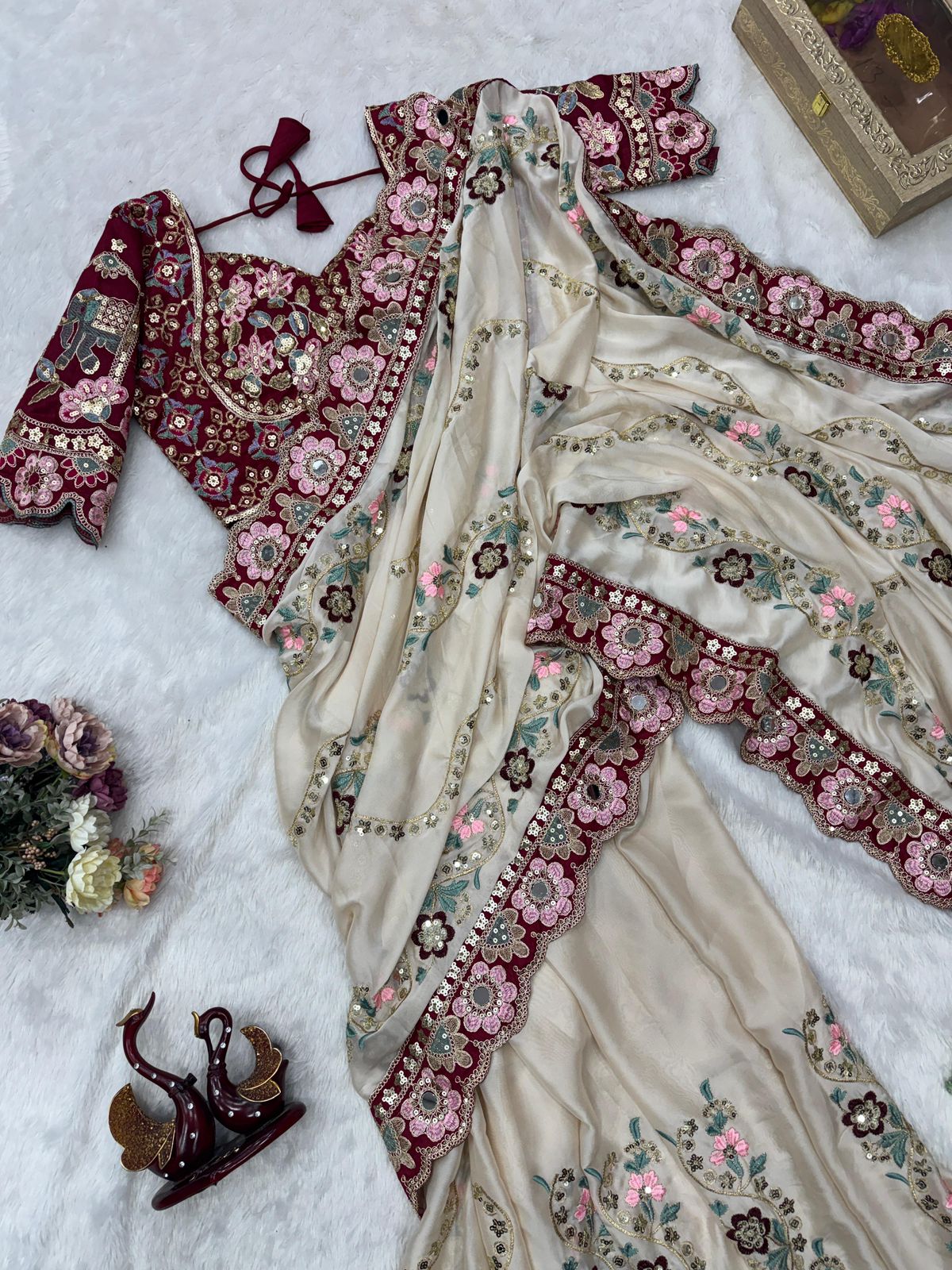 Cream Soft Rangoli Silk Sequin Dori Embroidery Real Mirror Saree with Banglori Silk Blouse