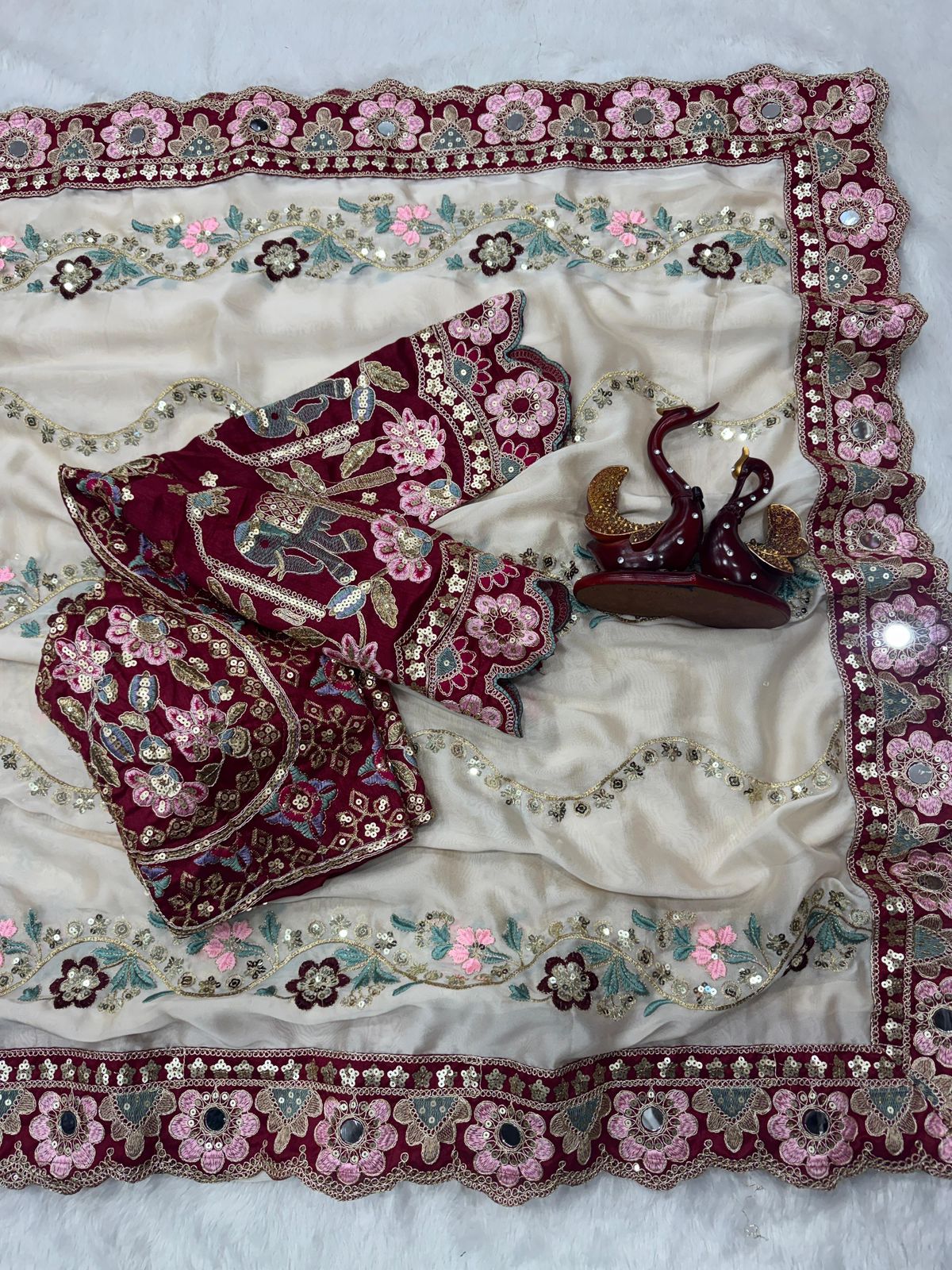 Cream Soft Rangoli Silk Sequin Dori Embroidery Real Mirror Saree with Banglori Silk Blouse