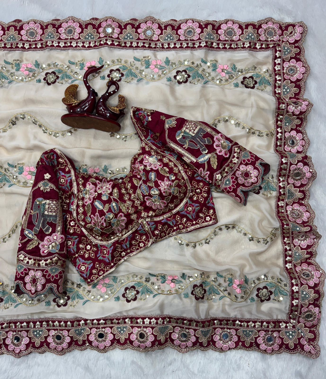 Cream Soft Rangoli Silk Sequin Dori Embroidery Real Mirror Saree with Banglori Silk Blouse