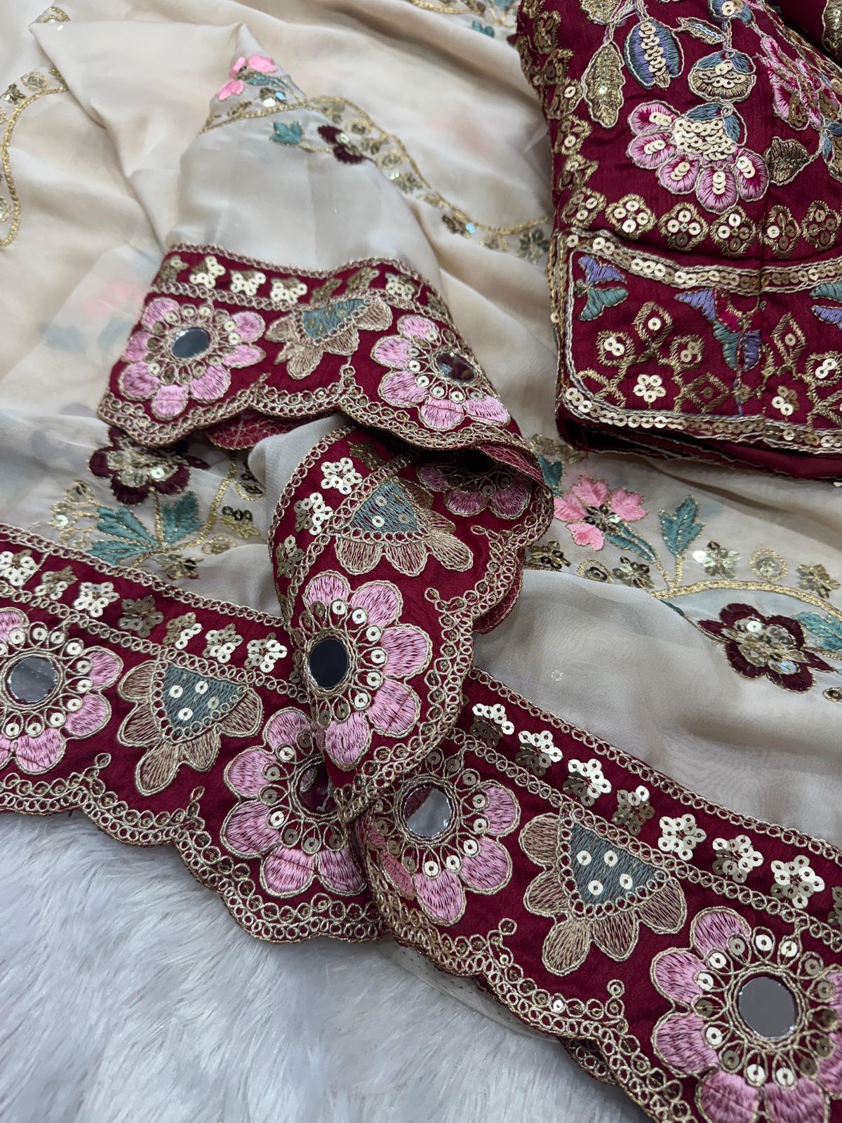 Cream Soft Rangoli Silk Sequin Dori Embroidery Real Mirror Saree with Banglori Silk Blouse