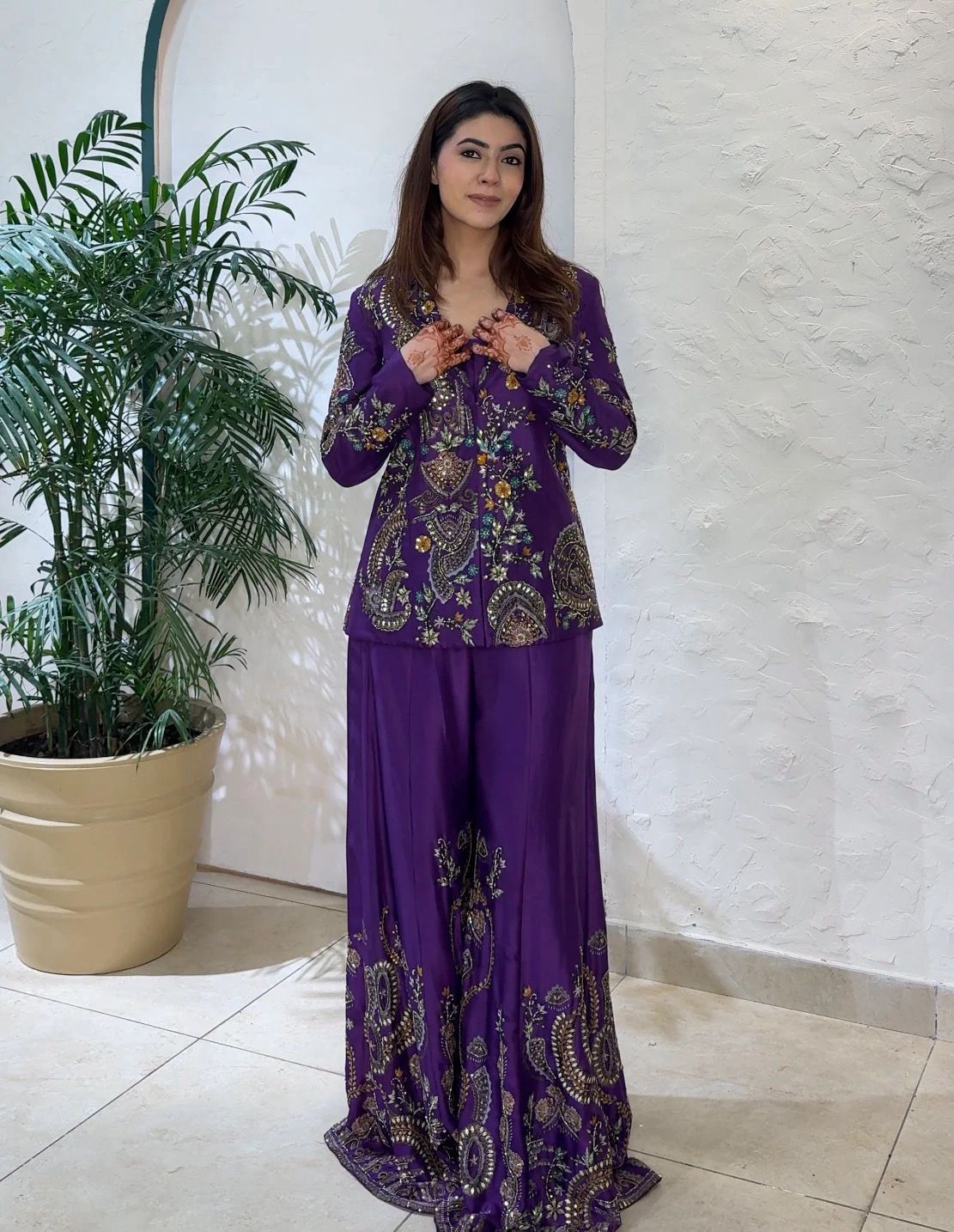Chinon Silk Sequin Embroidery 3-Piece Palazzo Suit with Koti & Blouse