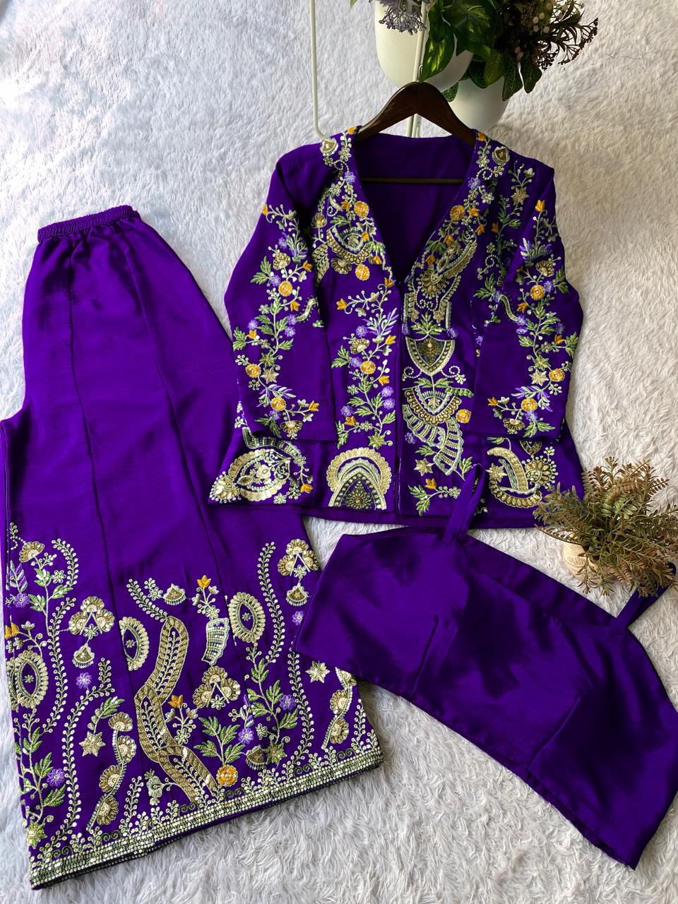 Chinon Silk Sequin Embroidery 3-Piece Palazzo Suit with Koti & Blouse