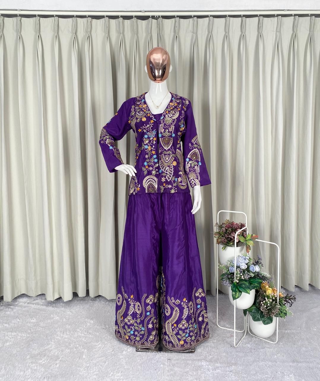 Chinon Silk Sequin Embroidery 3-Piece Palazzo Suit with Koti & Blouse