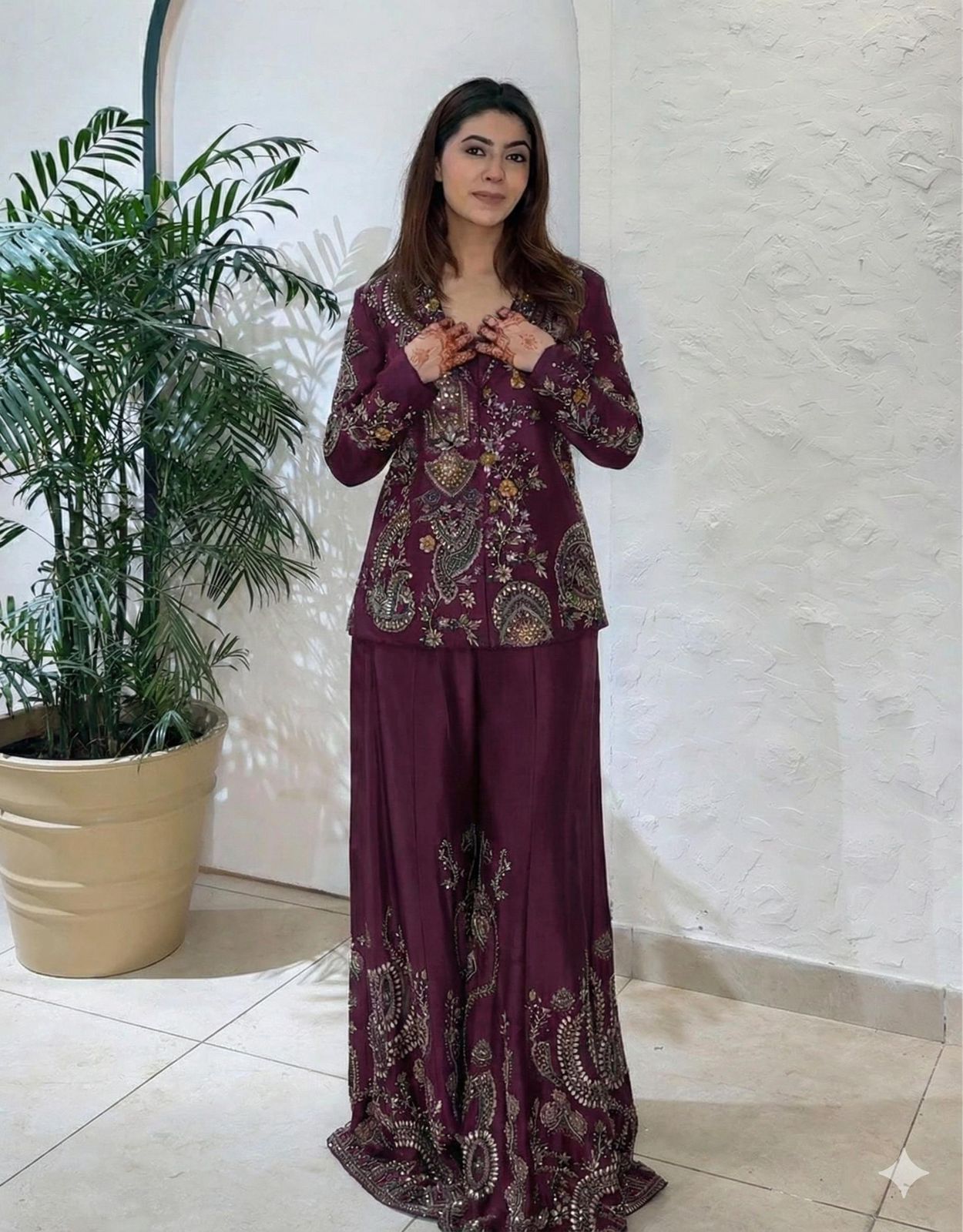 Chinon Silk Sequin Embroidery 3-Piece Palazzo Suit with Koti & Blouse