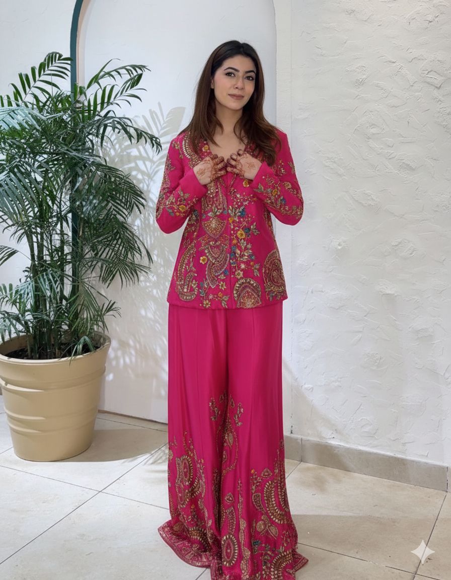 Chinon Silk Sequin Embroidery 3-Piece Palazzo Suit with Koti & Blouse