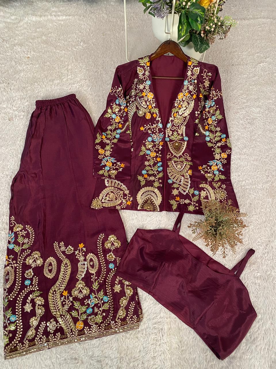 Chinon Silk Sequin Embroidery 3-Piece Palazzo Suit with Koti & Blouse