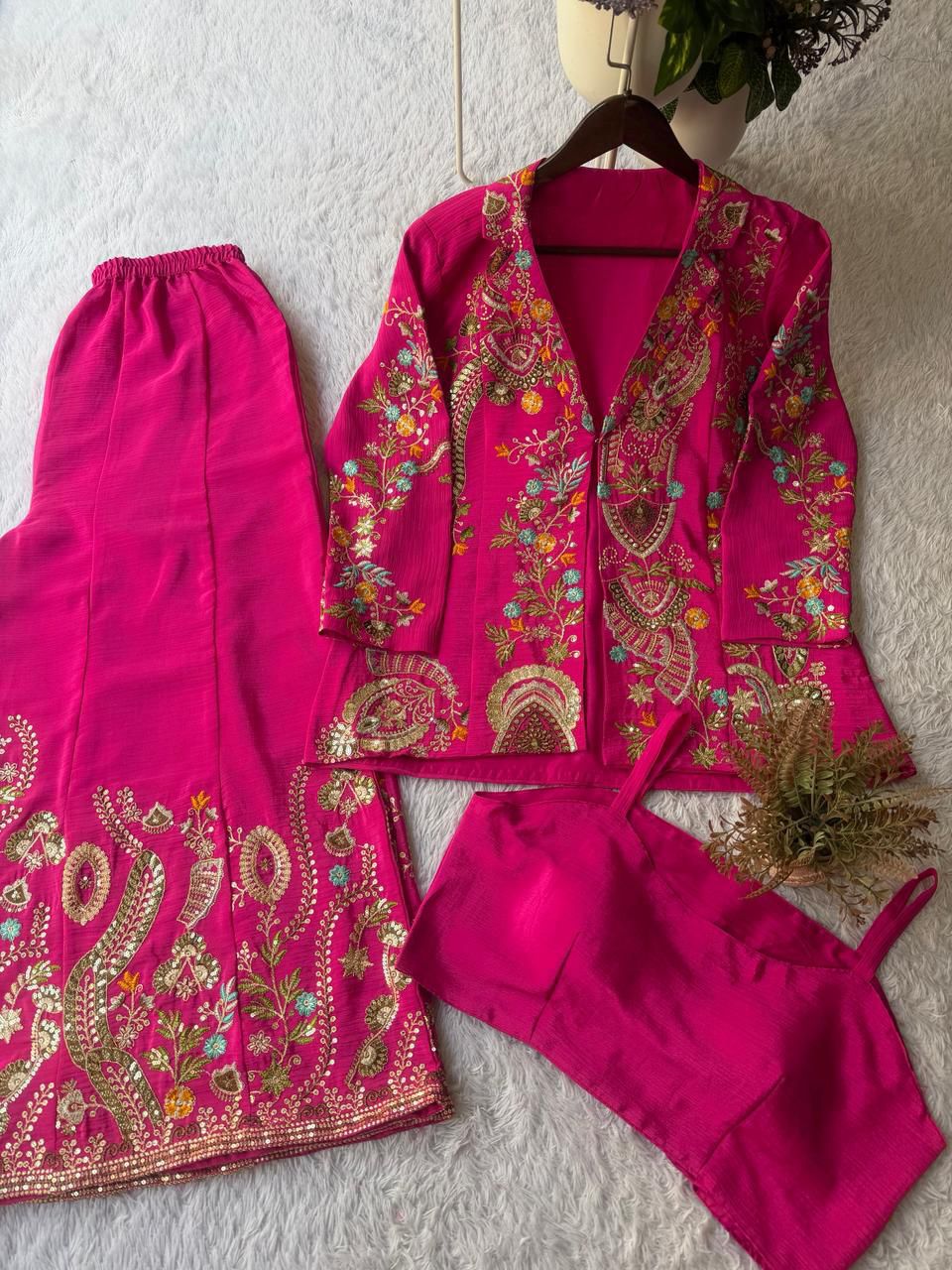 Chinon Silk Sequin Embroidery 3-Piece Palazzo Suit with Koti & Blouse
