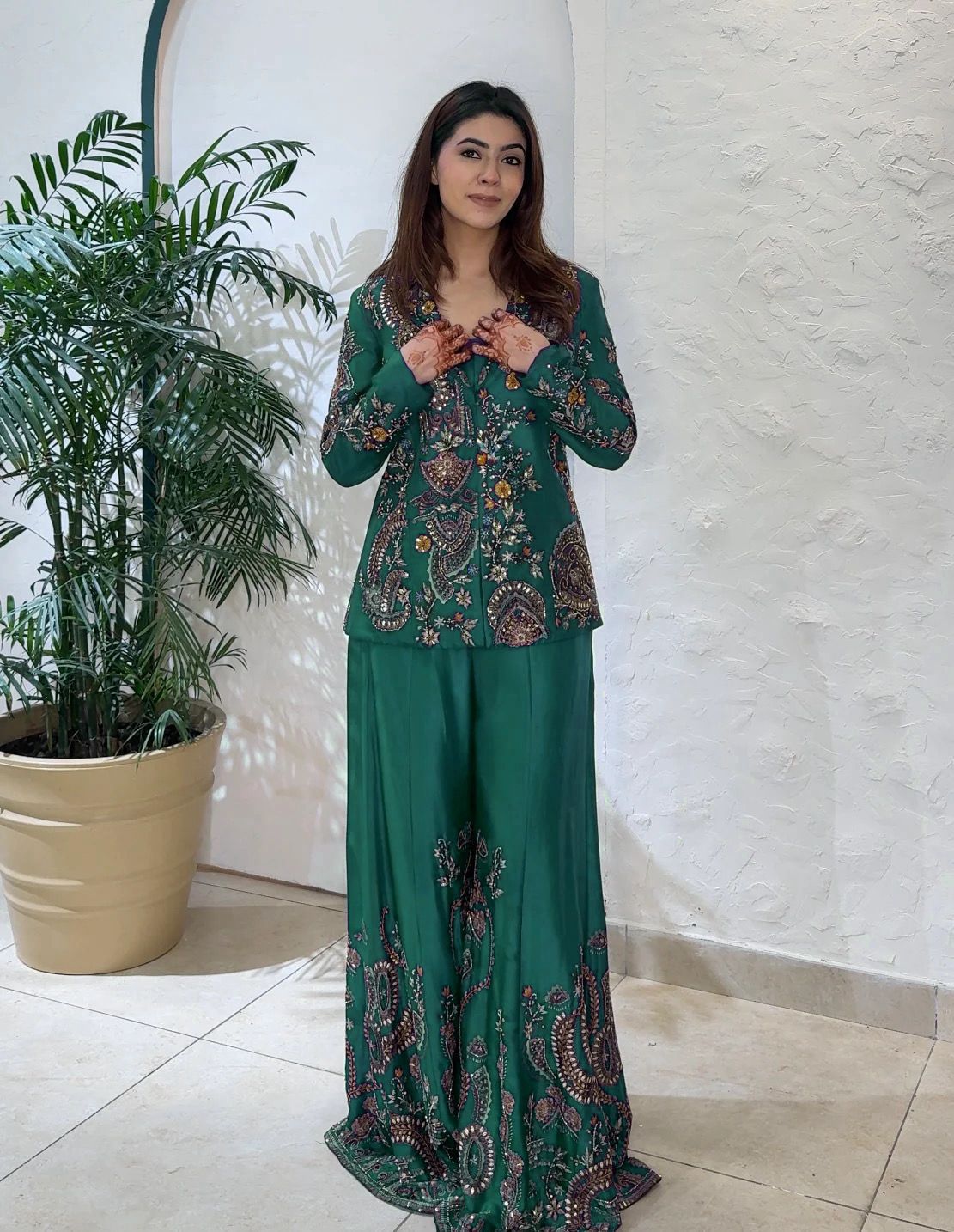 Chinon Silk Sequin Embroidery 3-Piece Palazzo Suit with Koti & Blouse