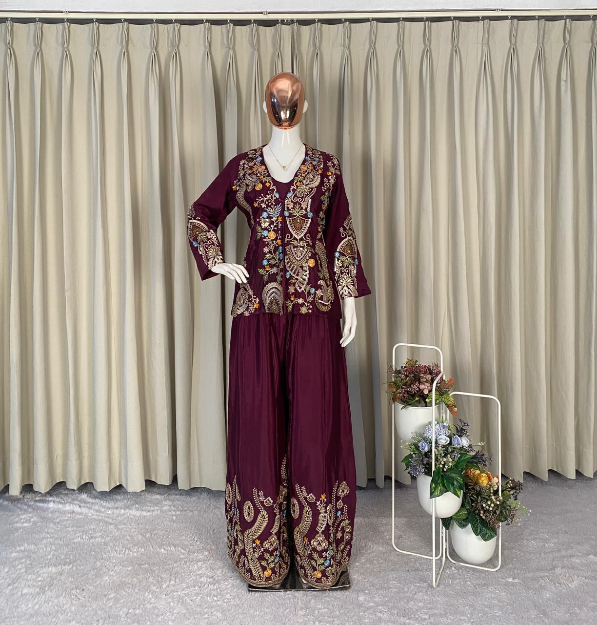 Chinon Silk Sequin Embroidery 3-Piece Palazzo Suit with Koti & Blouse