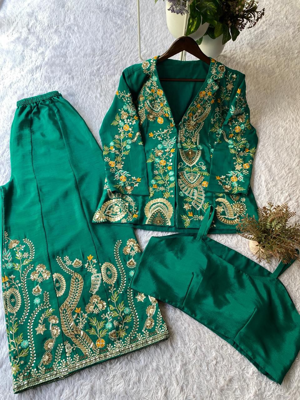 Chinon Silk Sequin Embroidery 3-Piece Palazzo Suit with Koti & Blouse