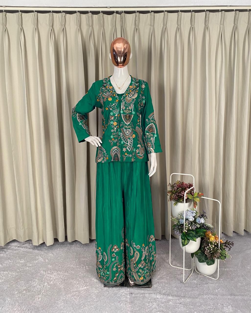 Chinon Silk Sequin Embroidery 3-Piece Palazzo Suit with Koti & Blouse