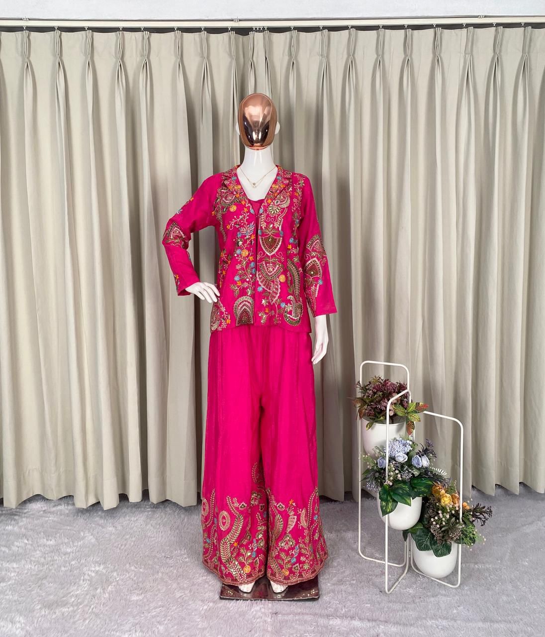 Chinon Silk Sequin Embroidery 3-Piece Palazzo Suit with Koti & Blouse