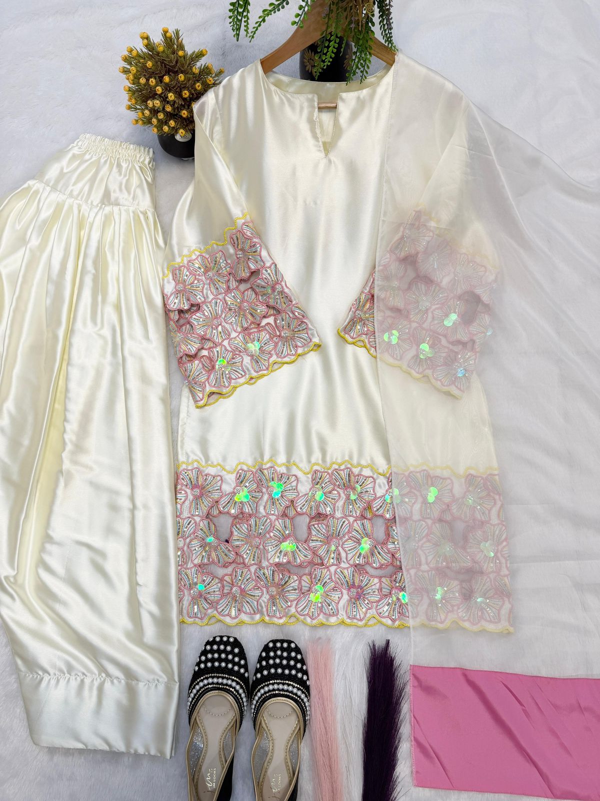 Kids Natural Crepe Silk Heavy Embroidery Farshi Salwar & Dupatta Set