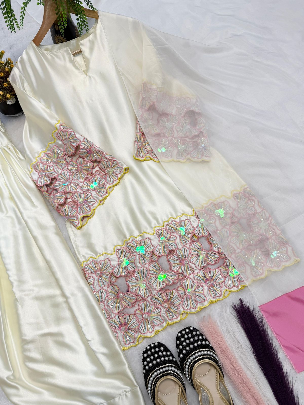 Kids Natural Crepe Silk Heavy Embroidery Farshi Salwar & Dupatta Set
