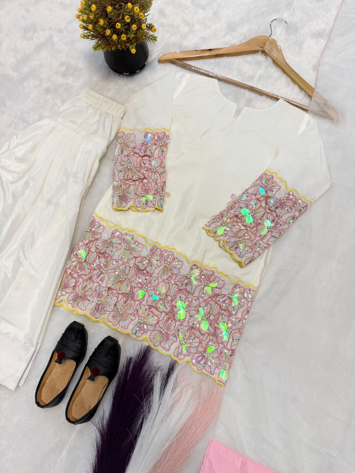 Kids Natural Crepe Silk Heavy Embroidery Farshi Salwar & Dupatta Set