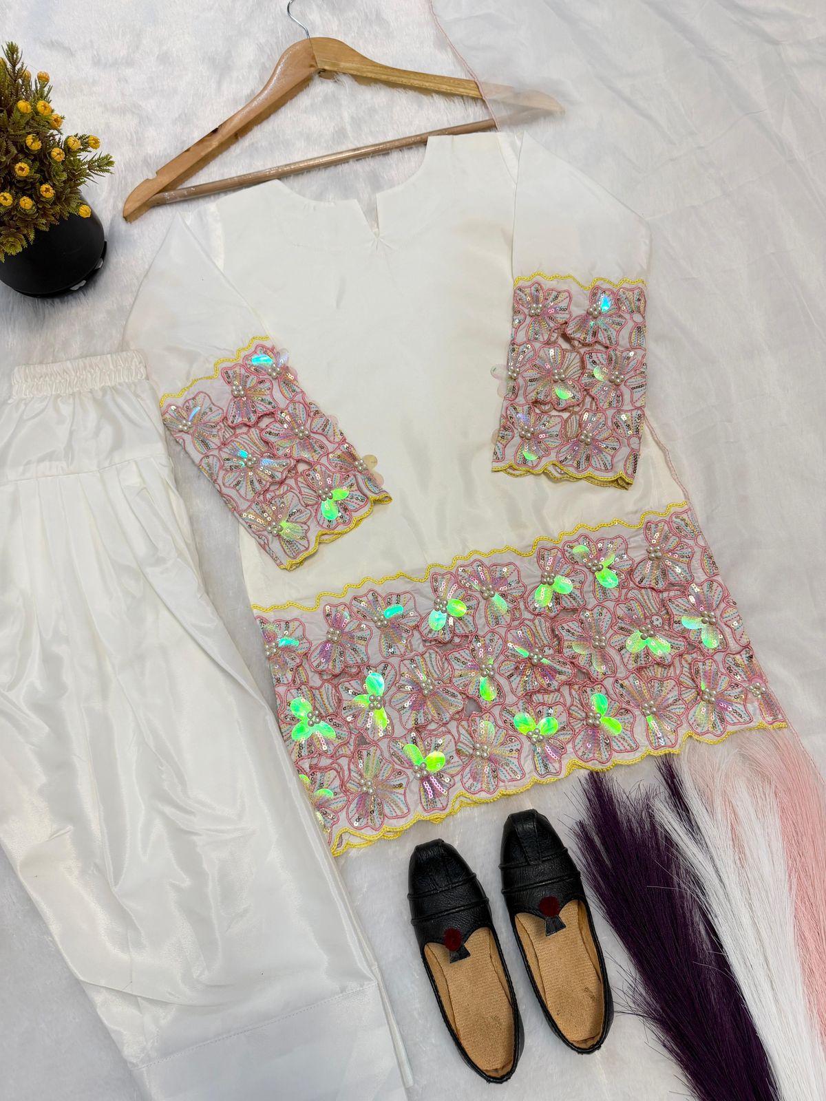 Kids Natural Crepe Silk Heavy Embroidery Farshi Salwar & Dupatta Set