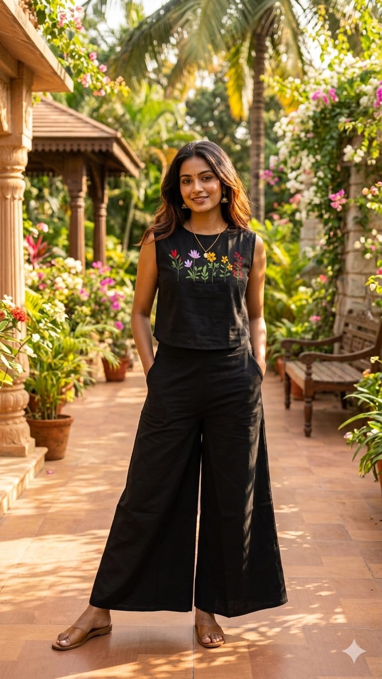 Flower Embroidery Sleeveless Co-ord Set