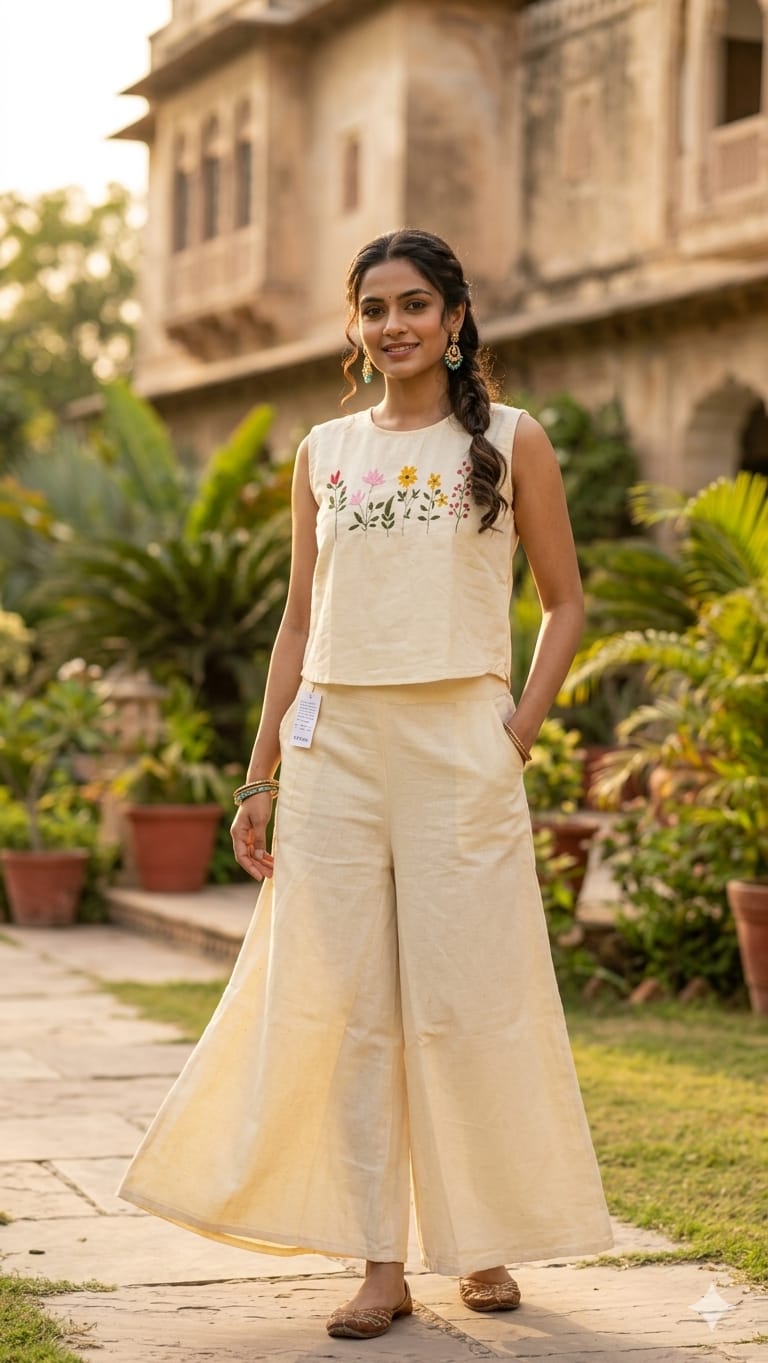 Flower Embroidery Sleeveless Co-ord Set