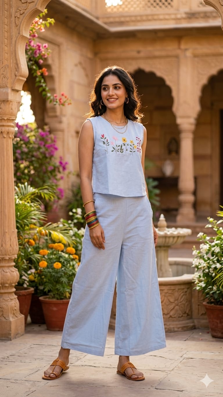 Flower Embroidery Sleeveless Co-ord Set