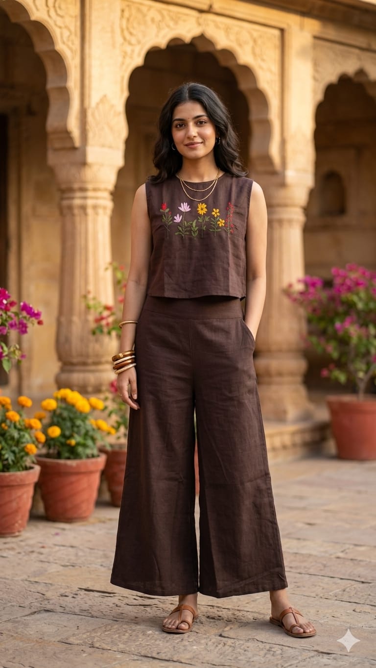Flower Embroidery Sleeveless Co-ord Set