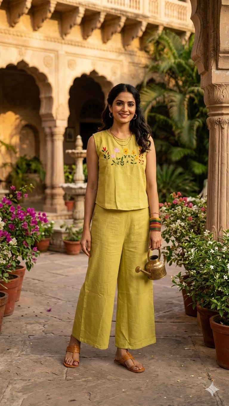 Flower Embroidery Sleeveless Co-ord Set