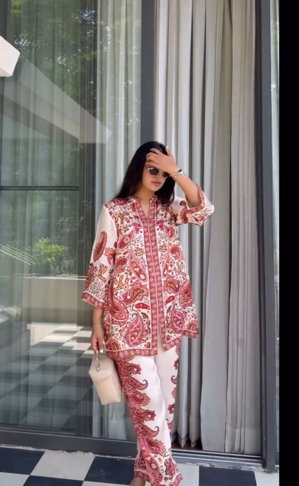 Designer Printed Pur Malai Satin Long 2Pc Co-Ord Set