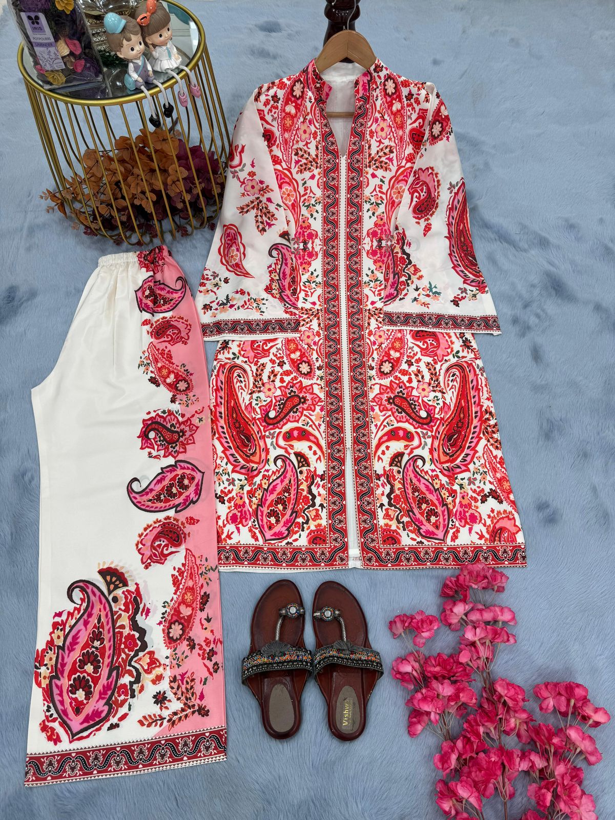 Designer Printed Pur Malai Satin Long 2Pc Co-Ord Set