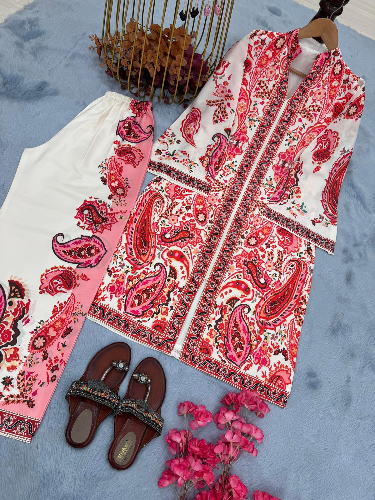 Designer Printed Pur Malai Satin Long 2Pc Co-Ord Set