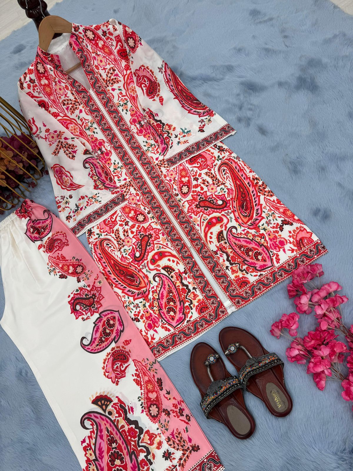 Designer Printed Pur Malai Satin Long 2Pc Co-Ord Set
