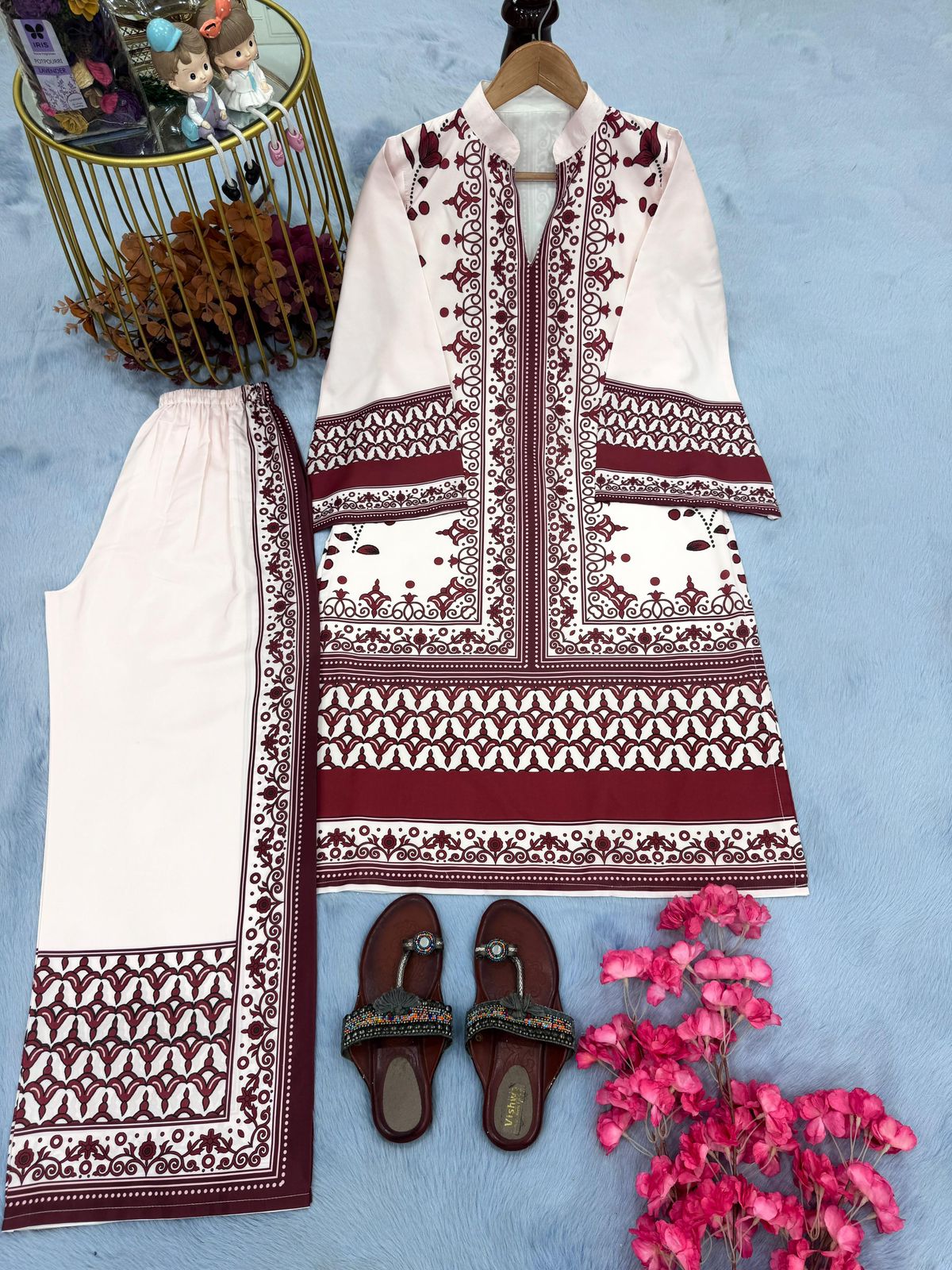 Designer Printed Pur Malai Satin Long 2Pc Co-Ord Set