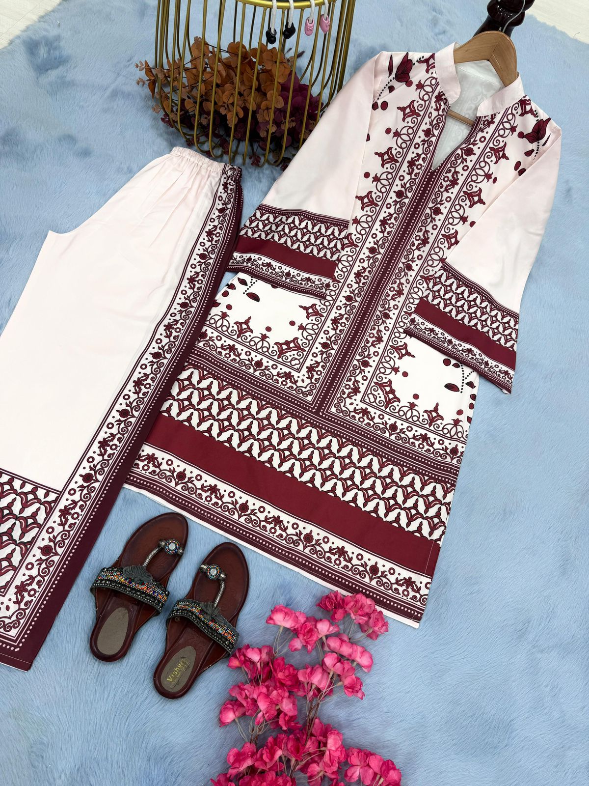 Designer Printed Pur Malai Satin Long 2Pc Co-Ord Set
