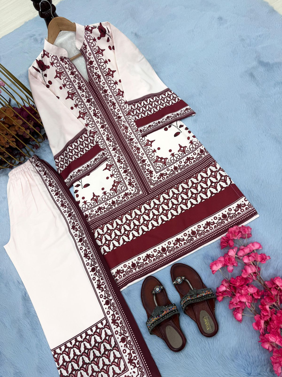 Designer Printed Pur Malai Satin Long 2Pc Co-Ord Set